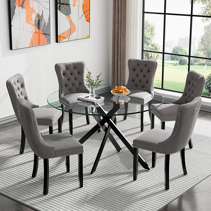 HomVent 7 Piece Round Glass Dining Table Set, Tempered Glass Dinner Table Set for 6 Kitchen Table Set with 6 Velvet Upholstered Chairs for Kitchen Dining Room
