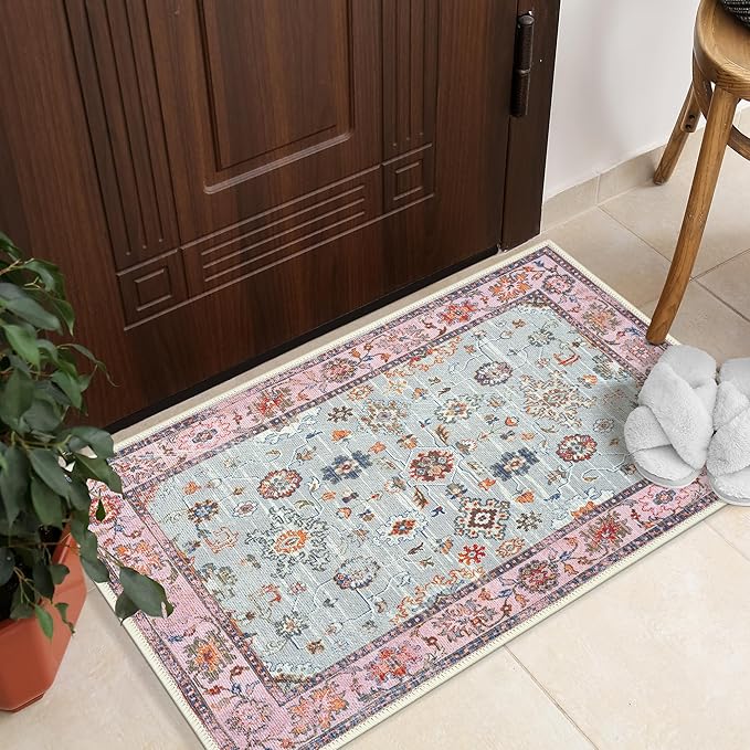 GLN Rugs Traditional Collection - Machine Washable Area Rug, Traditional Washable, Non Slip, Low Pile Chenille Rug, Living Room, Bedroom, Kitchen Rug (2'x3' Pink and Gray)