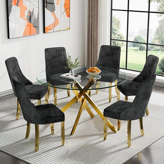 Round Glass Dining Table Set for 6, 47'' Clear Circular Kitchen Table and Chairs Set, 7PCS Modern Circle Dining Room Table Set with 6 Dining Chair for Home
