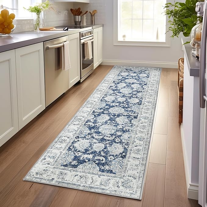 jinchan Fiora Hallway Runner Rug 3x10 Machine Washable Runner Rug Dark Blue Vintage Floral Design Non-Slip Low Pile Ultra-Thin for Kitchen Laundry Room Bedroom Farmhouse (3‘x10', Dark Blue)
