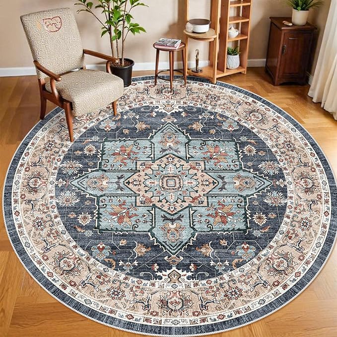 Washable Oriental Area Rug - 8ft Round Rugs for Living Room Soft Carpet for Bedroom Waterproof Floral Distressed Indoor Stain Resistant Non-Shedding Floor Carpets (Blue/Teal/Orange, 8ft-Round)