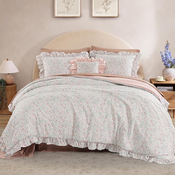 Twin XL Comforter Set - 5 Pieces Ruffle Pink Ditzy Bedding Sets, Shabby Chic Farmhouse Bed in a Bag Twin XL with Floral Comforter, Sheets, Pillowcase & Sham