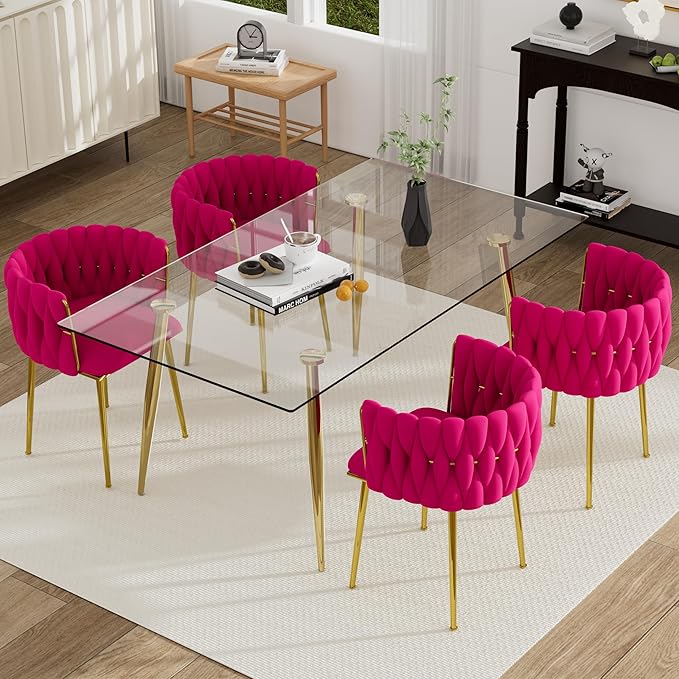 5 Piece Modern Gold Dining Room Set, 63'' Luxury Minimalist Kitchen Table Set, 4 Person Clear Glass Top Rectangle Dinner Room Set, Rose Red Woven Dining Chair for Home Living Room Large Place