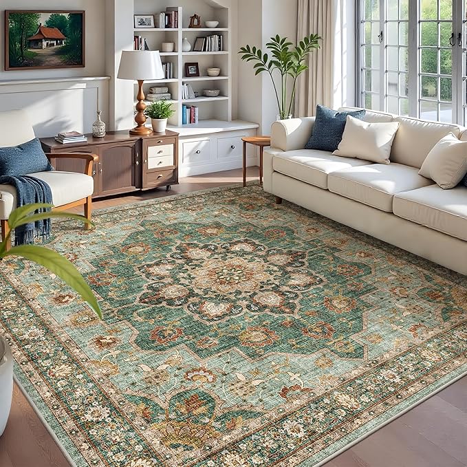 Green Living Room Rug - Washable 9x9 Area Rug for Dining Room Under Table Oriental Soft Low Pile Carpet for Bedroom - Vintage Design Retro Indoor Decor (Green, 9x9)