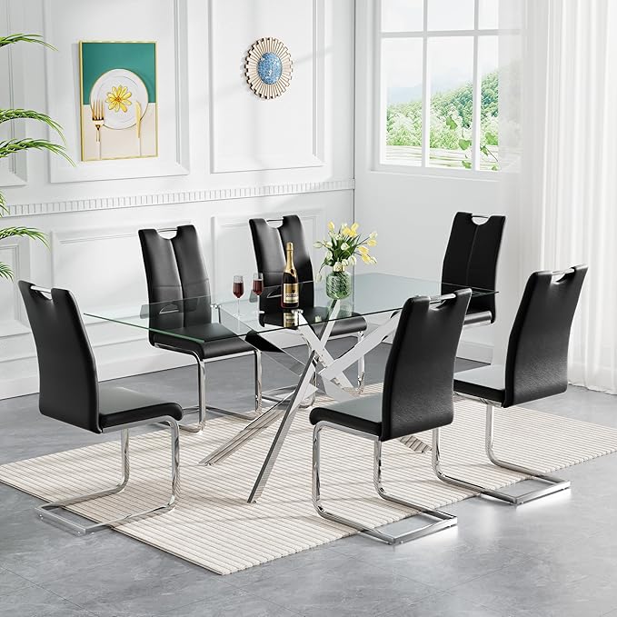 HomVent 7 Piece Rectangular Glass Dining Table Set, Rectangular Glass Kitchen Table Set for 6 with 6 PU Upholstered Dining Chairs for Kitchen Dining Room