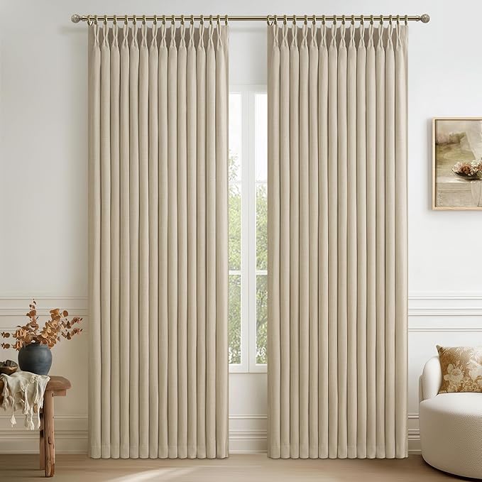 Memory Trained Pinch Pleated 86 Inch Blackout Patio Sliding Glass Door Curtains, Linen Blend Dual Layer Textured Sound Proof Insulated Natural Window Curtain with Hook 40W x 86L 2 Panels Set