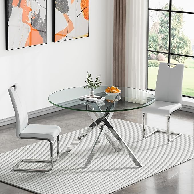 HomVent 3 Piece Round Glass Dining Table Set, Round Glass Kitchen Table Set for 2 with 2 PU Upholstered Dining Chairs for Kitchen Dining Room