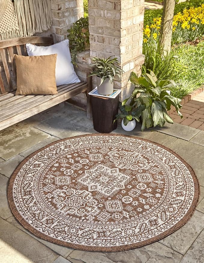 Rugs.com Outdoor Aztec Collection Rug – 13 Ft Round Brown Flatweave-Pile Rug Perfect for Kitchens, Dining Rooms