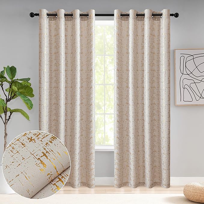 Taisier Home Gold Foil Print Linen Textured Curtains - Geometric Dots Pattern Design for Bedroom & Living Room - Thermal Insulated Window Treatment, 2 Panels, 95" L, Beige and Gold