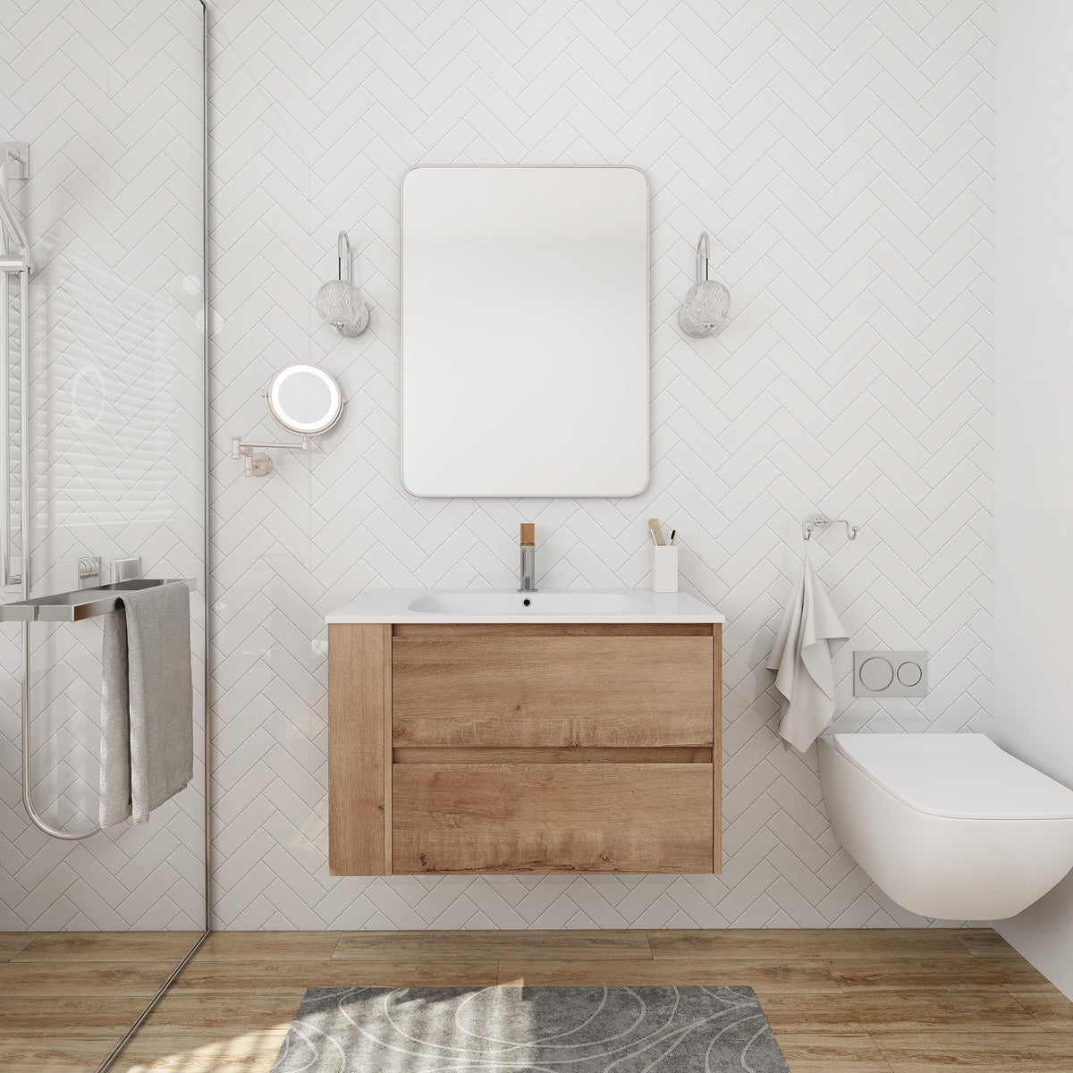 Mcltopz 30'' Floating Bathroom Vanity with White Gel Sink, Modern Imitative Oak Wall Mounted Bathroom Vanity Combo with Adjust Open Shelf and 2 Storage Drawers, Hanging Bathroom Vanity Cabinet Set