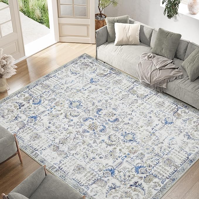 jinchan Kalen Area Rug 6x9 Washable Living Room Rug Soft Vintage Indoor Thin Retro Distressed Floor Cover Blue Floral Country Boho Rug Non Slip Carpet for Bedroom Office Dining Room