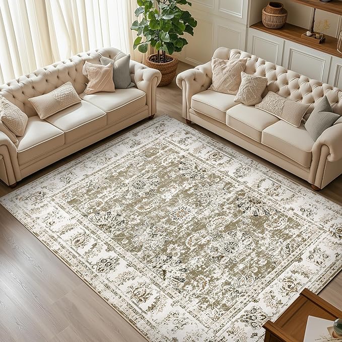 jinchan Fiora 6x9 Area Rugs for Living Room - Machine Washable Vintage Floral Distressed Design Stain Resistant Boho Carpet Ultra-Thin Low Pile Non-Slip Rug for Bedroom Dining Room (6'x9', Taupe)