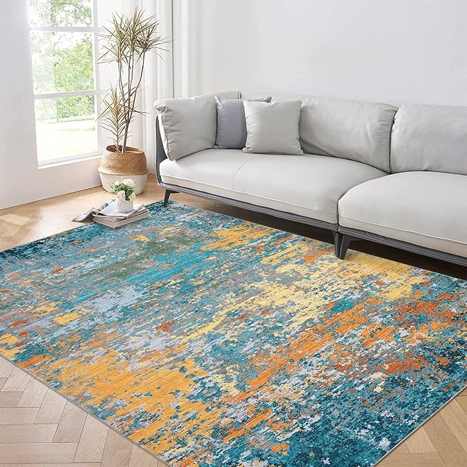 5x7 Modern Abstract Faux Wool Area Rugs Ultra-Soft Low Pile Accent Rug Stain Resistant Carpet Machine Washable for Bedroom with Non Slip Backing, Multi Color