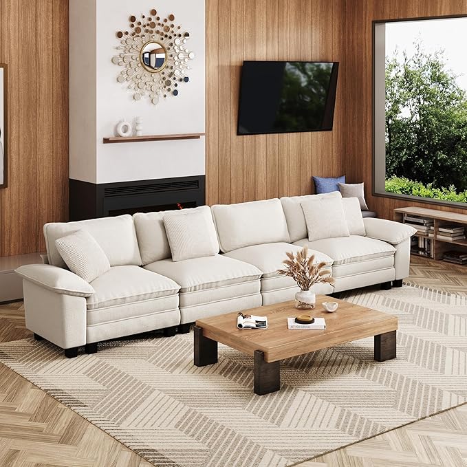 157.5" Cloud Modular Sectional Sofa, 4-Seater w/Deep Seat & Removable Arms, Plush Chenille for Living Room - Beige