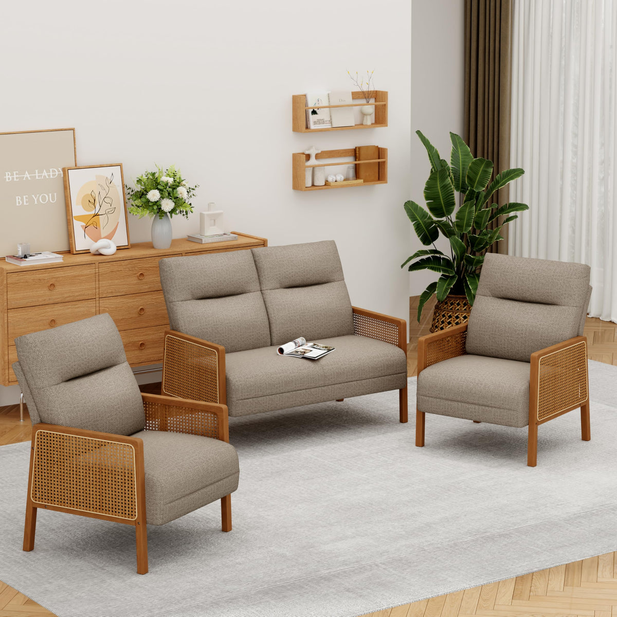 Yongchuang Linen Loveseat and Chair Set, 3 Piece Living Room Sectional Living Room Sets Taupe, Mid Century Modern Small Sofa Couch and Accent Chairs with Rattan Arms