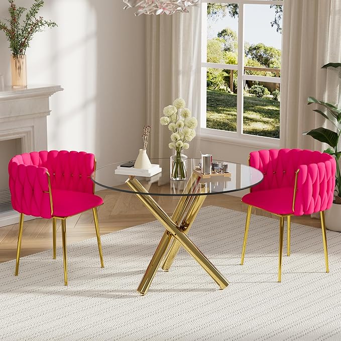 Modern Luxury Round Glass Dining Table Set for 2, 36'' Clear Circle Glass Top Kitchen Table Set, 3 PCS Small Minimalist Circular Dinner Room Set, Rose Red Woven Chair, for Apartment (Golden)