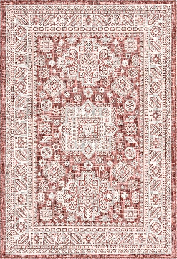 Rugs.com Outdoor Aztec Collection Rug – 4' x 6' Rust Red Flatweave Rug Perfect for Living Rooms, Large Dining Rooms, Open Floorplans