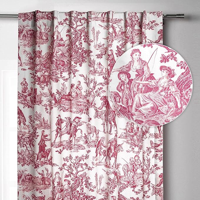 Maison d' Hermine Curtains for living room 100% Cotton 124 inch length One Panel Light Filtering Toile Curtains for Bedroom with rod and loop Pockets (The Miller Red (White Background), 50"W x 124"L)