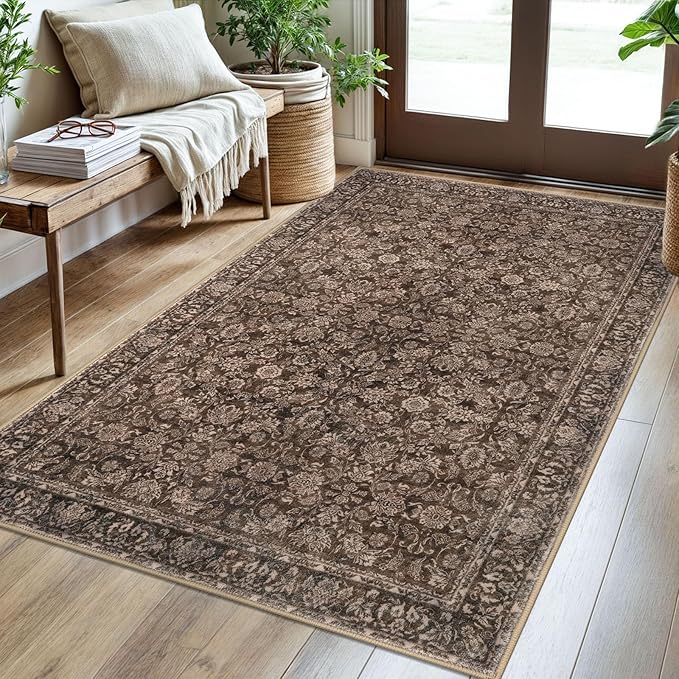 3x5 Washable Area Rug for Entryway, Rust Reddish Brown Soft Floral Rug with Non-Slip, Low-Pile Vintage Neutral Area Rugs for Entryway Nursery Bedroom Dining, Dorm Carpet with Non-Shedding