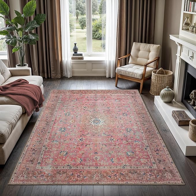 GLN Rugs Traditional Collection - Machine Washable Area Rug, Traditional Washable, Non Slip, Low Pile Chenille Rug, Living Room, Bedroom, Kitchen Rug (6'x9' Pink Vintage)
