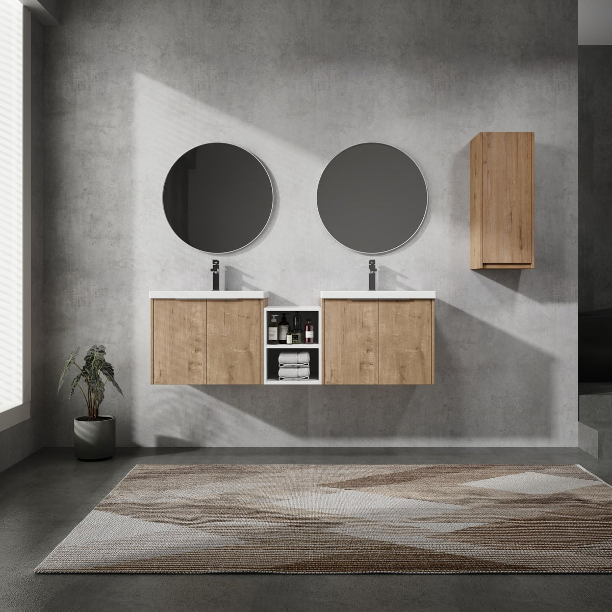 Henf 60" Floating Double Sink Bathroom Vanity Brown Wall Mount Bathroom Vanity Cabinet with Sink Combo, 60-Inch Bathroom Vanities Set with Open Storage Shelf & Side Cabinet & 2 24in Bathroom Vanities