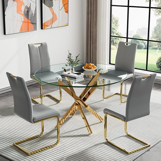 HomVent Round Glass Dining Table Set for 4, 5-Piece Modern Kitchen Table Set with 4 PU Upholstered Chair for Kitchen Dining Room, Glass Dining Room Table Set