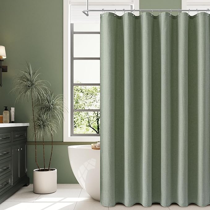 Naturoom Light Sage Linen Shower Curtain, Country Boho Farmhouse Bath Decor Shower Curtains Neutral Cloth Weighted Textured Fabric Bath Curtain Liner with Hooks, 72x78