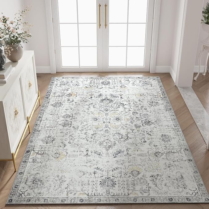 jinchan Kalen Area Rug 4x6 Washable Bedroom Rug Soft Vintage Indoor Thin Retro Distressed Floor Cover Grey Floral Country Boho Non Slip Carpet Living Room Kitchen Office Dining Room
