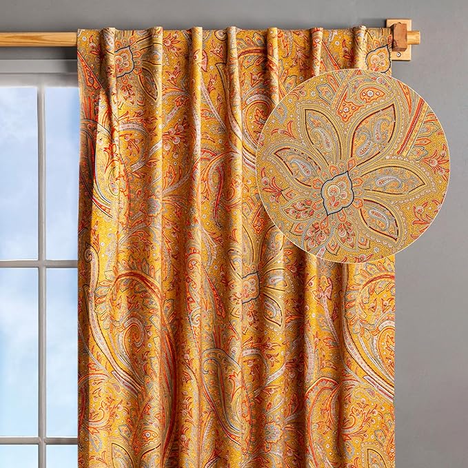 Maison d' Hermine Curtains for Living Room 100% Cotton 108 inch Length One Panel Light Filtering Curtains for Bedroom Windows with Rod and Loop Pockets Drapes (Kashmir Paisley Gold, 50" W x 108" L)