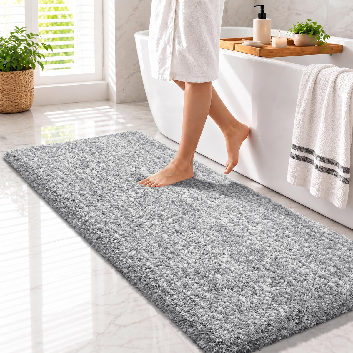 Yimobra Bathroom Runner Rug Non Slip Washable 60x24, Bath Mat, Gray&White