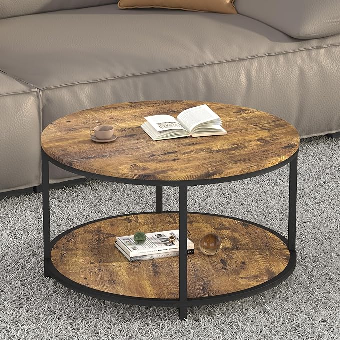 NSdirect Round Coffee Table, 25.6" Small Coffee Table for Living Room,2-Tier Rustic Wood Desktop with Storage Shelf Modern Design Home Furniture(Brown)