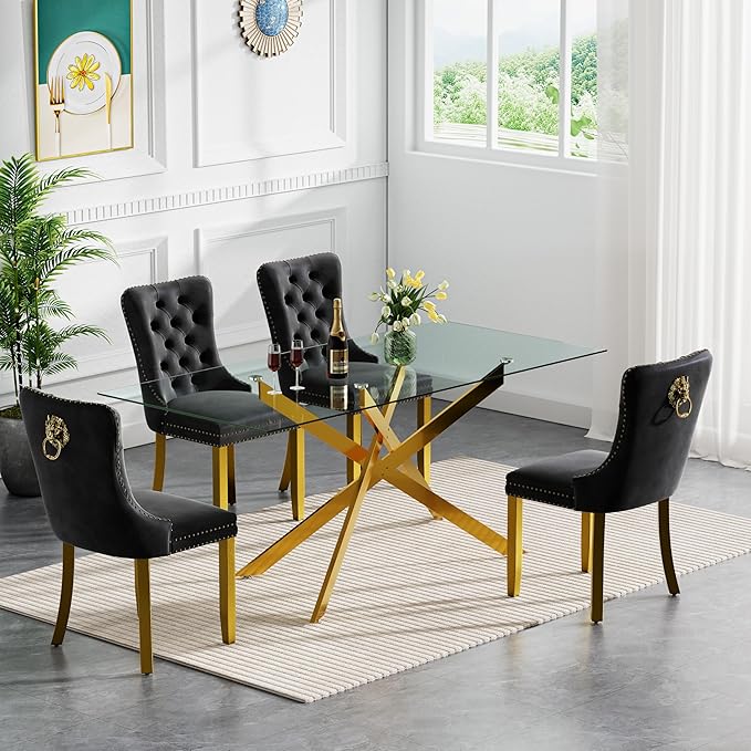HomVent 5 Piece Rectangular Glass Dining Table Set, Tempered Glass Dinner Table Set for 4 Kitchen Table Set with 4 Velvet Upholstered Chairs for Kitchen Dining Room