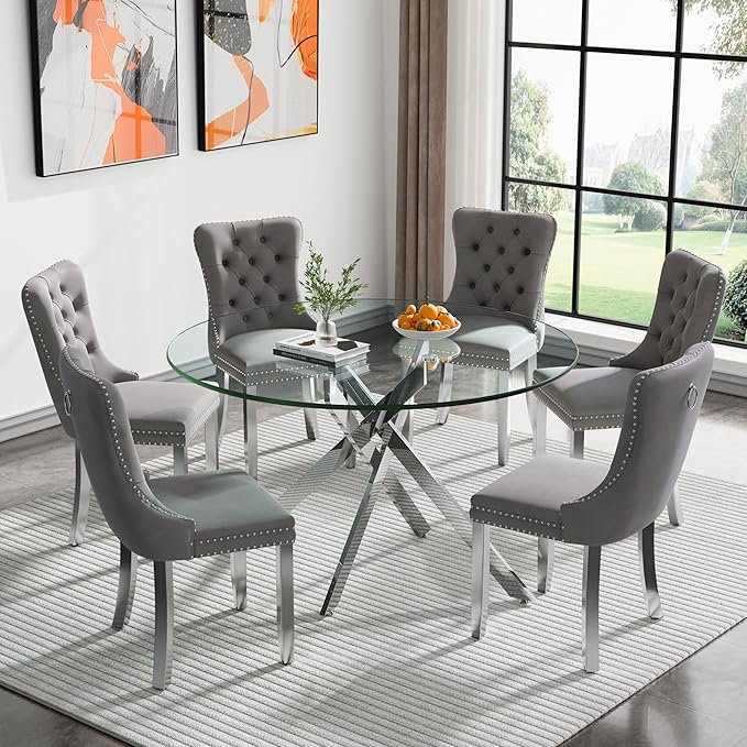 Round Glass Dining Table Set for 6, 47'' Clear Circular Kitchen Table and Chairs Set, 7PCS Modern Circle Dining Room Table Set with 6 Velvet Dining Chair for Home