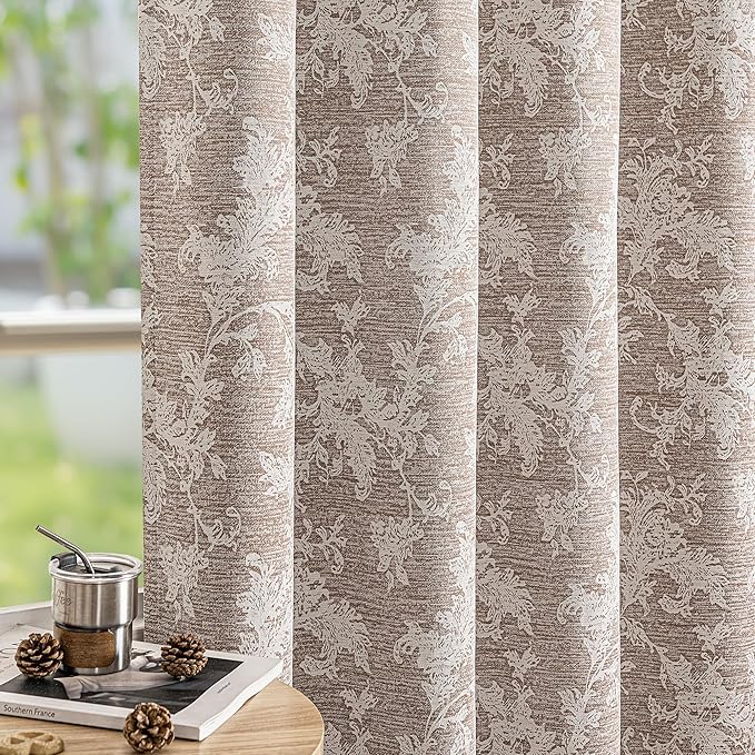 FMFUNCTEX Rust Brown Floral Jacquard Blackout Curtains 84 Inches Long for Bedroom, Scroll Flower Chenille Farmhouse Curtains for Living Room Darkening Thermal Insulated Grommet Window Drapes 2 Panels
