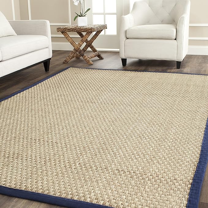 SAFAVIEH Area Rug 8x10 - Natural Fiber Collection - Large - Natural & Blue, Seagrass, Basketweave Pattern (NF114E)