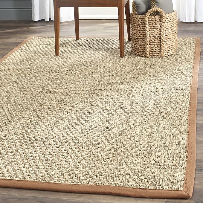 SAFAVIEH Area Rug 8' Square - Natural Fiber Collection - Large - Natural & Brown, Seagrass, Basketweave Pattern with Border (NF114B)