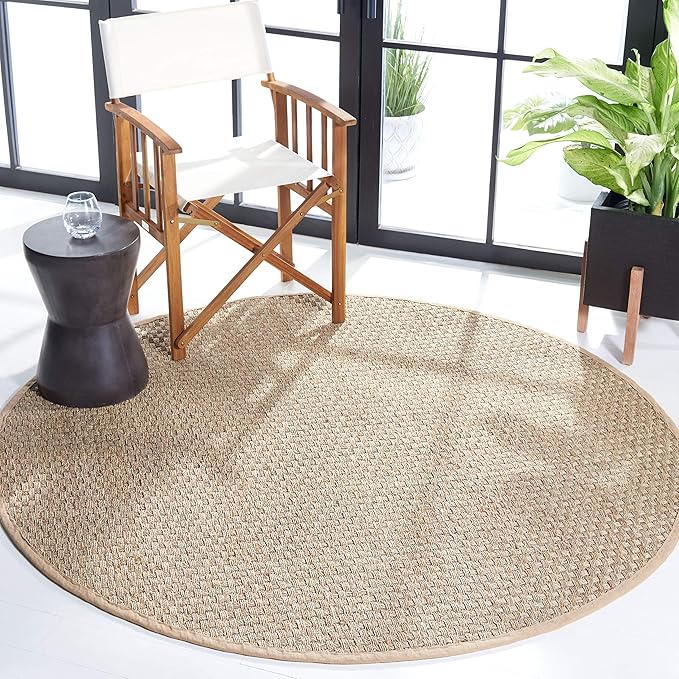 SAFAVIEH Area Rug 10' Round - Natural Fiber Collection - Large - Natural & Beige, Seagrass, Basketweave Pattern with Border (NF114A)