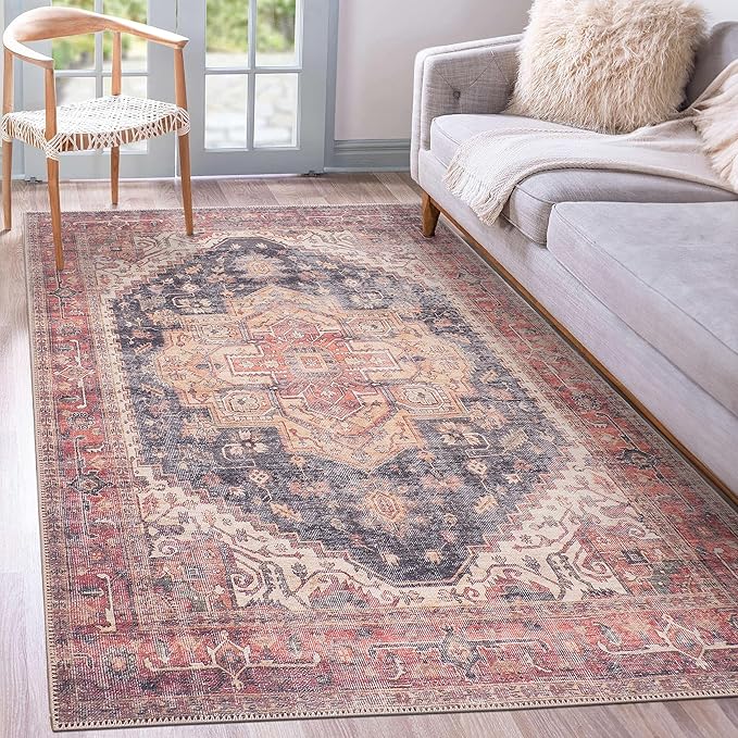GLN Rugs Traditional Collection - Machine Washable Area Rug, Traditional Washable, Non Slip, Low Pile Chenille Rug, Living Room, Bedroom, Kitchen Rug (4'x6' Black/Terra)