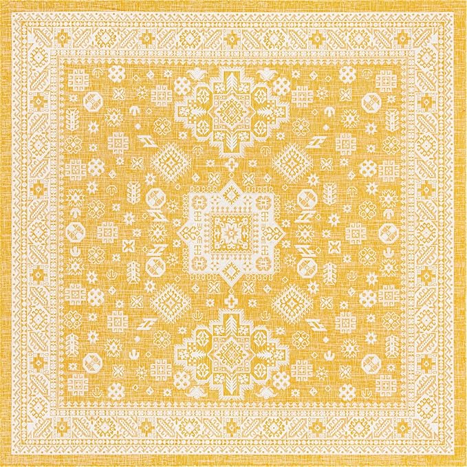 Rugs.com Outdoor Aztec Collection Rug – 10 Ft Square Yellow Flatweave Rug Perfect for Living Rooms, Kitchens, Entryways