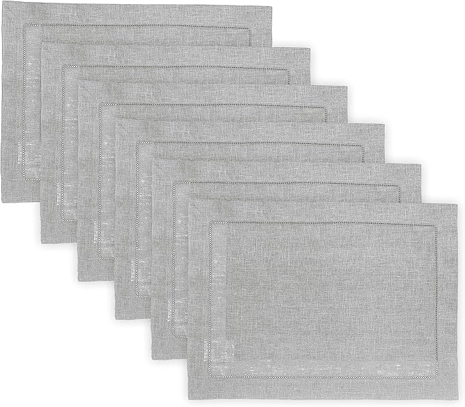 Solino Home Linen Cloth Placemats Set of 6-100% Pure Linen Hemstitch Soft Grey Placemats 14 x 19 Inch - Classic Hemstitch Table Place Mats for Christmas, Winter, New Year