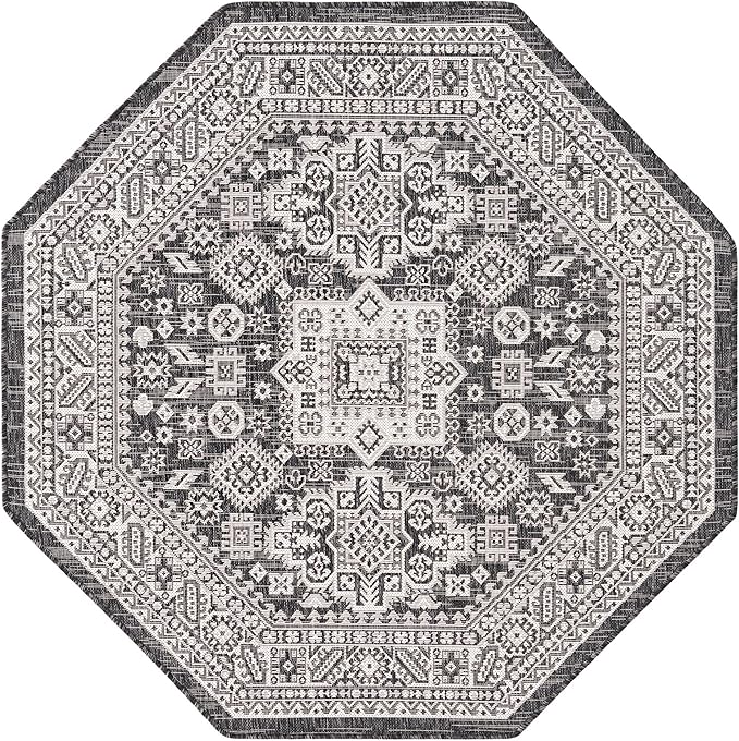 Rugs.com Outdoor Aztec Collection Rug – 5 Ft Octagon Charcoal Gray Flatweave Rug Perfect for Living Rooms, Kitchens, Entryways