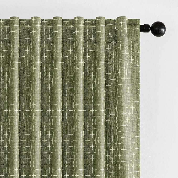MIULEE Decorative Back Tab Linen Curtains with Geometric Pattern for Living Room Bedroom Farmhouse Rustic Thick Woven Textured Patterned Floor to Ceiling Drapes 102 Inch Long 2 Panels, Sage Green