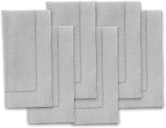 Solino Home Linen Napkins Set of 6 - Classic Hemstitch 100% Pure Linen Soft Grey Dinner Napkins Cloth 20 x 20 Inch for Christmas, Winter, New Year - Handcrafted and Machine Washable