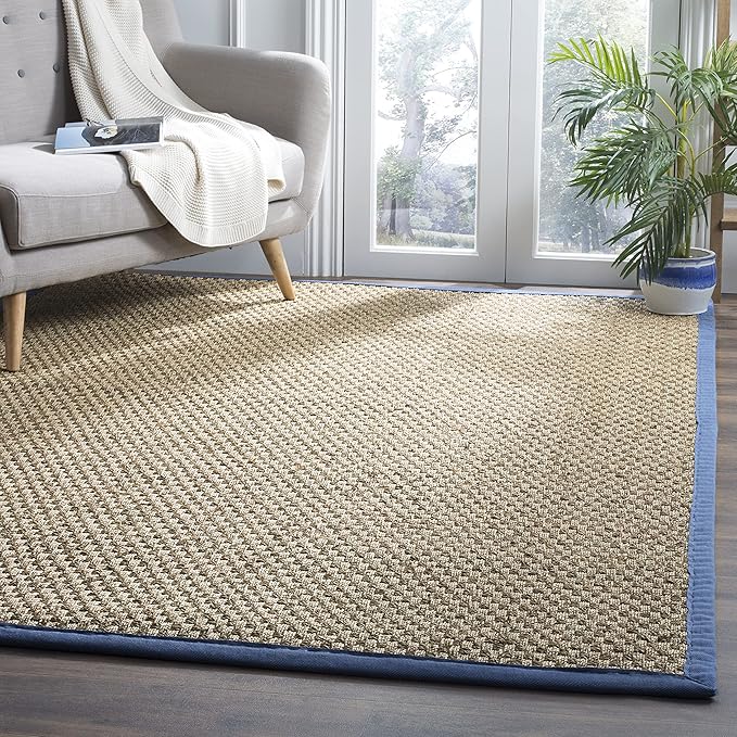 SAFAVIEH Area Rug 6x9 - Natural Fiber Collection - Natural & Navy, Seagrass, Basketweave Pattern with Border (NF114T)