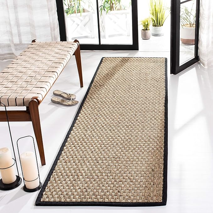 SAFAVIEH Natural Fiber Collection Runner Rug - 2'6" x 22', Natural & Black, Seagrass, Basketweave Pattern with Border (NF114C)