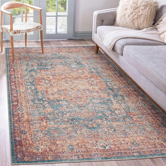 GLN Rugs Traditional Collection - Machine Washable Area Rug, Traditional Washable, Non Slip, Low Pile Chenille Rug, Living Room, Bedroom, Kitchen Rug (7'10"x10' Terra/Green)