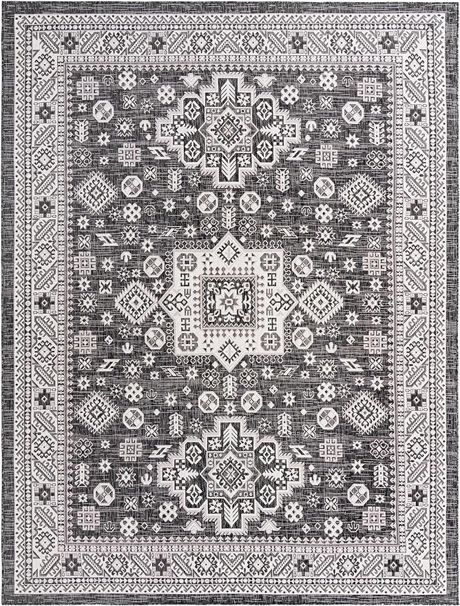 Rugs.com Outdoor Aztec Collection Rug – 9' x 12' Charcoal Gray Flatweave Rug Perfect for Living Rooms, Large Dining Rooms, Open Floorplans