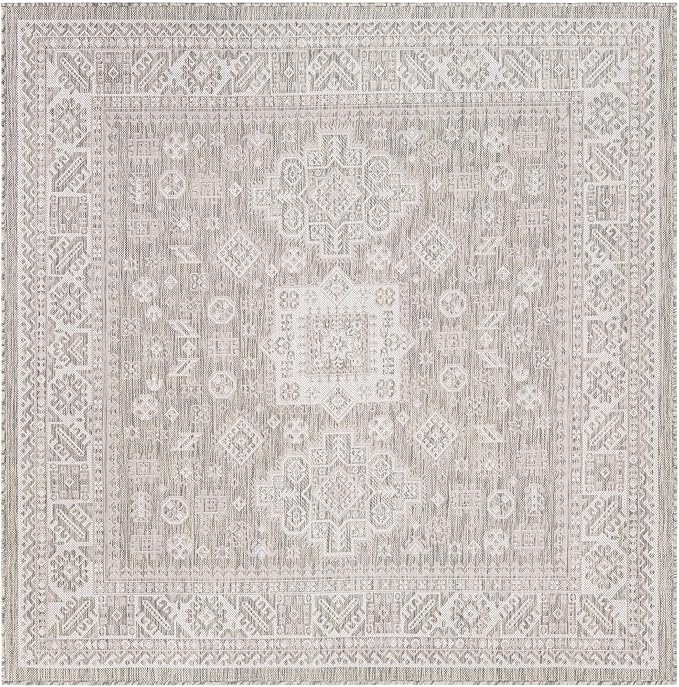 Rugs.com Outdoor Aztec Collection Rug – 6 Ft Square Light Gray Flatweave-Pile Rug Perfect for Living Rooms, Kitchens, Entryways