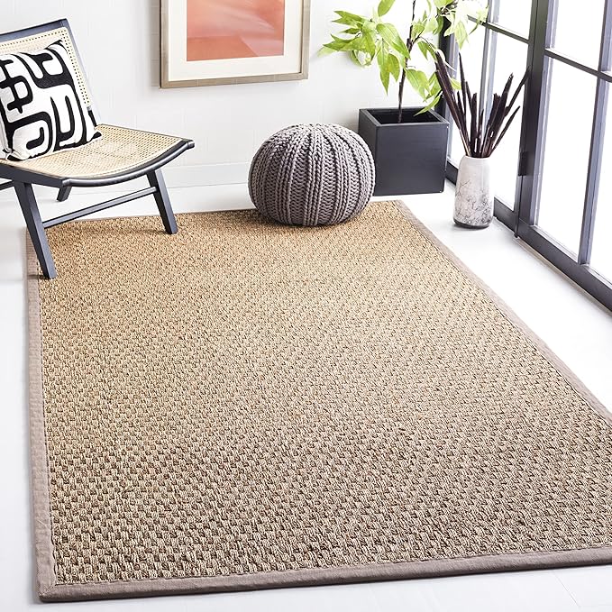 Safavieh Area Rug 6x8 - Natural Fiber Collection - Natural & Grey, Seagrass, Basketweave Pattern with Border (NF114P)