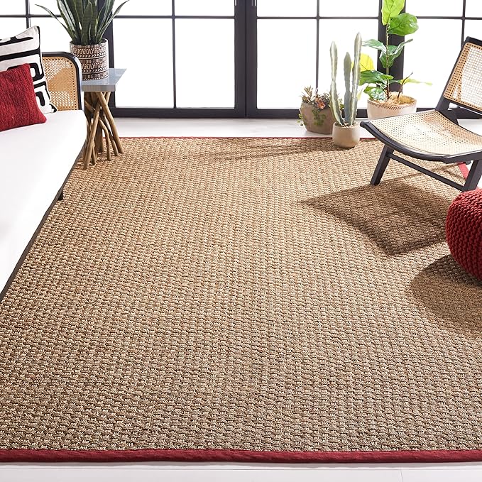 SAFAVIEH Area Rug 9x12 - Natural Fiber Collection - Large - Natural & Red, Seagrass, Basketweave Pattern with Border (NF114D)